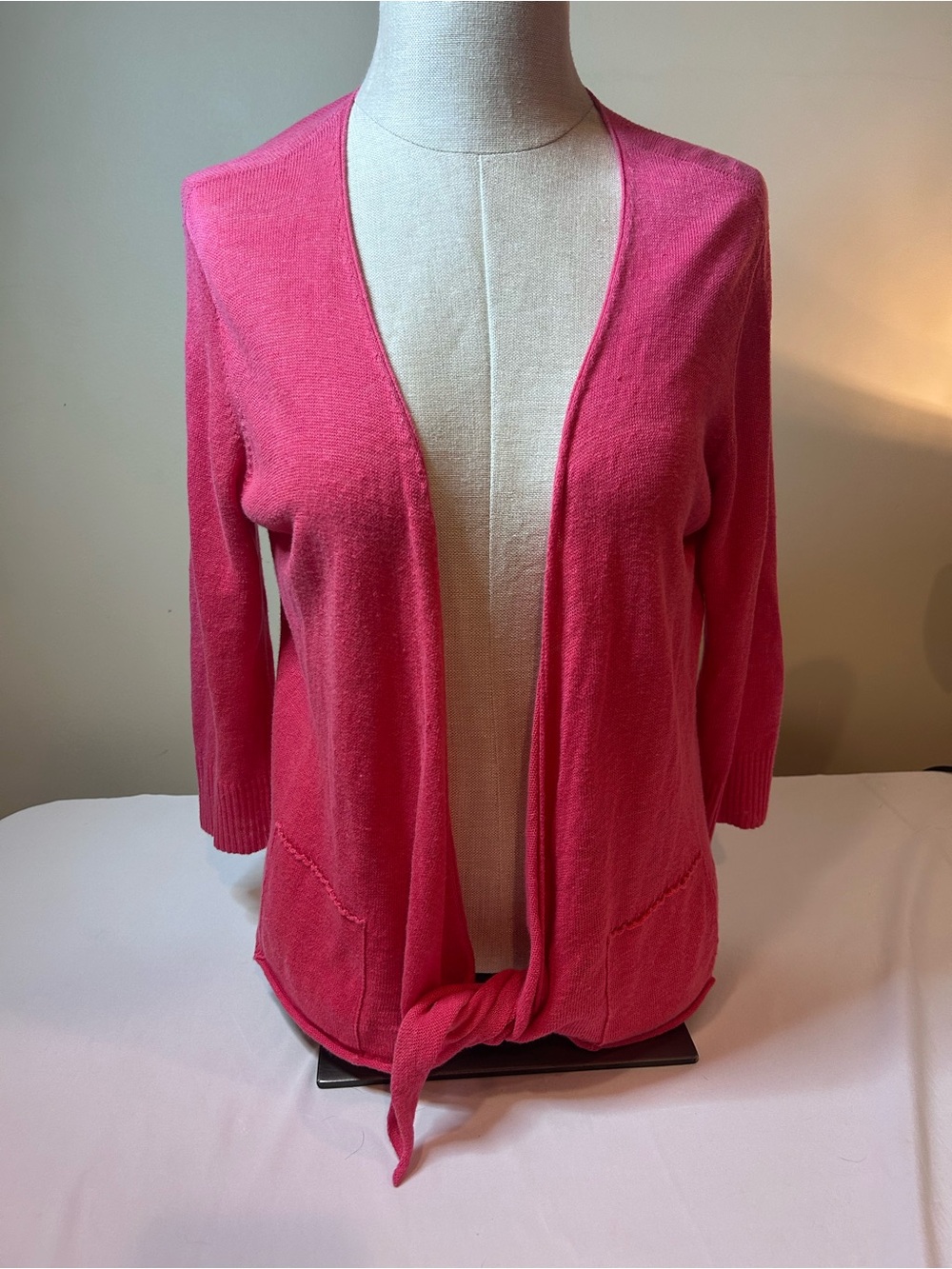 Eileen Fisher 100% Linen Coral Cardigan Front Tie Size Small 3/4 Sleeve